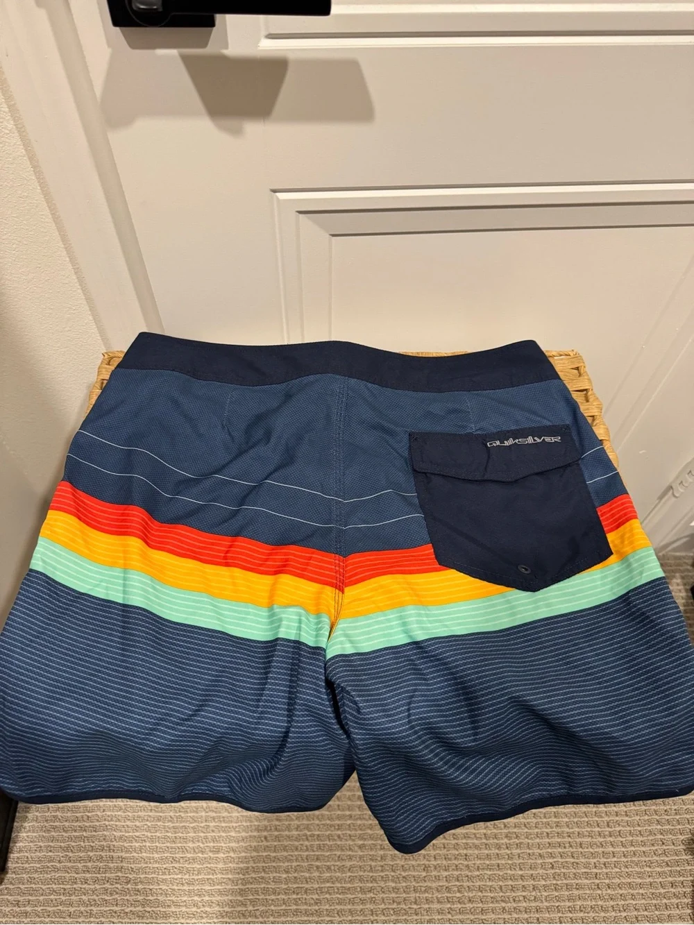 Quiksilver Men’s Navy Swim Board Shorts with Red, Orange, Yellow & Aqua Stripes